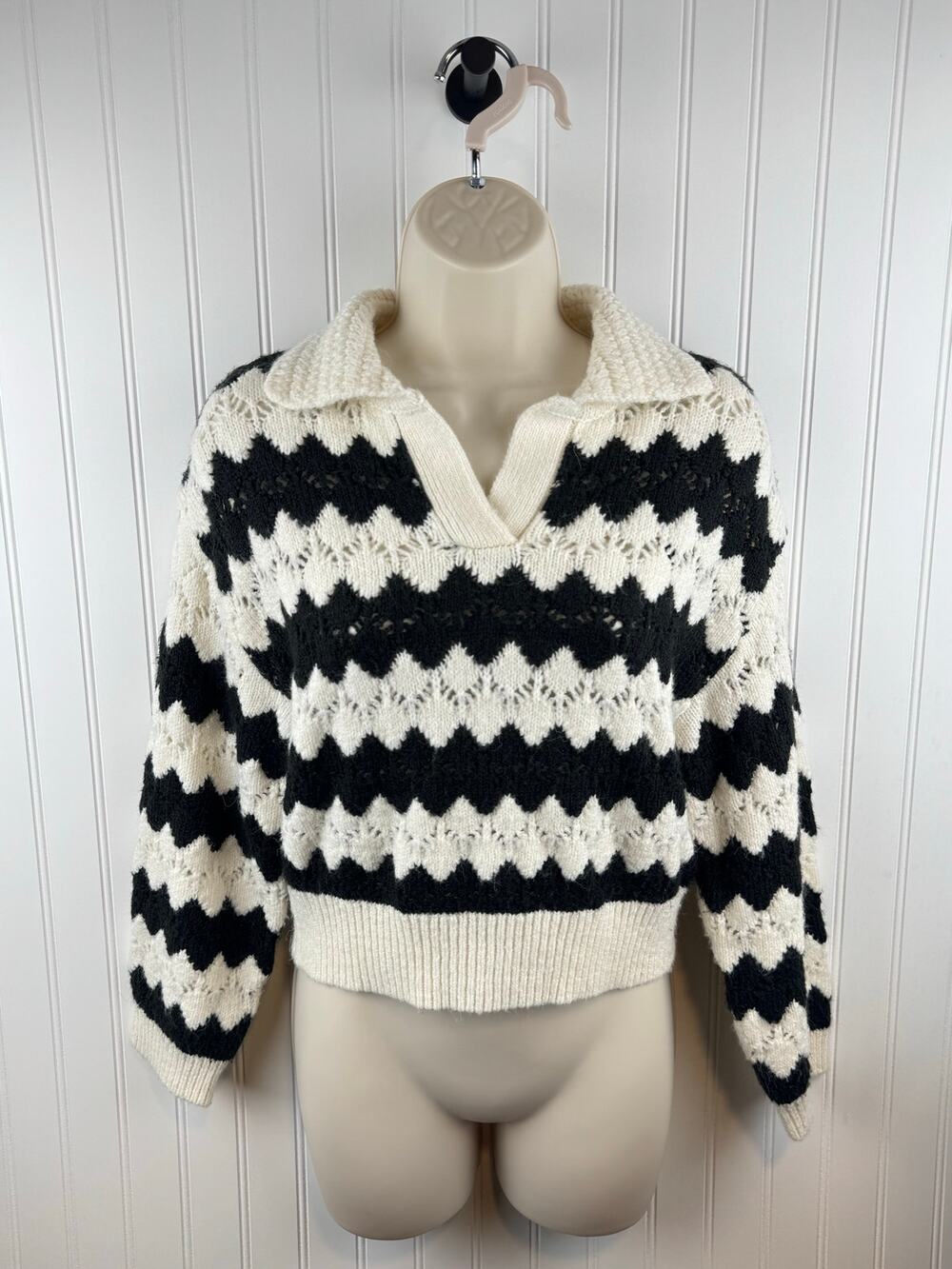 Zara Girls Black Cream Chevron Collared Knit Sweater 11-12 152